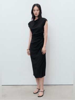 Mango Black Sleeveless Ruched Midi Dress